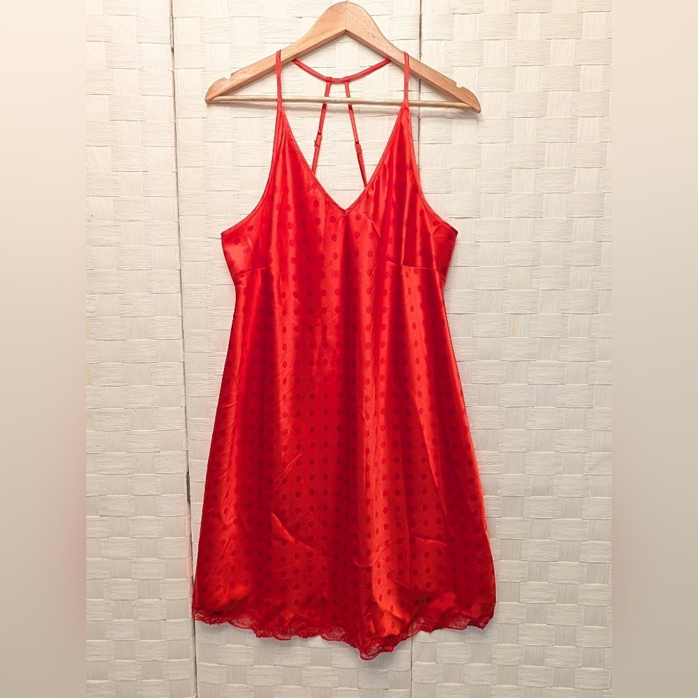 Cacique Red Polka Dot Satin Chemise Lace Trim Caged Back Nightgown 14/16